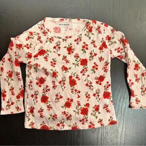 Red Floral Long Sleeve Tee with Crew Neck